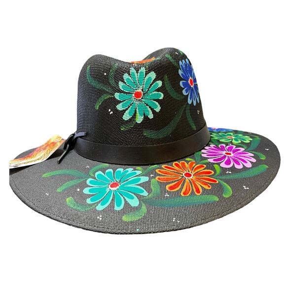 HAT MEXICAN Artisanal Hand Painted Fedora Floral Sombrero  HAT MEXICAN Artisanal Hand Painted Fedora Floral Sombrero Panama Bohemian Black